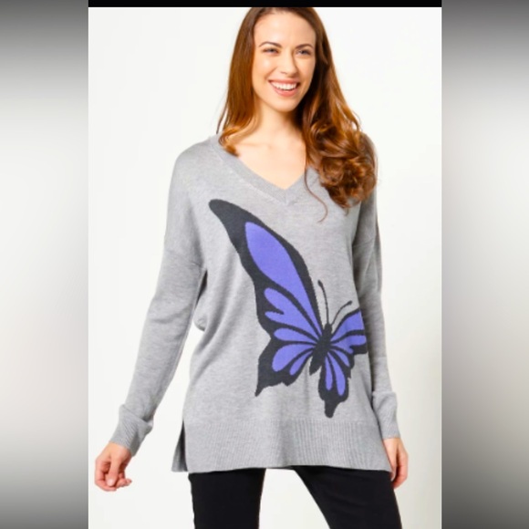 Laurie Felt Tops - Laurie Felt Cashmere mix Gray and Purple Butterfly Blouse, cute top